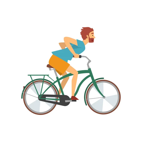 Brodaty Man Riding Bike, mężczyzna kolarz charakter na rowerze wektor ilustracja — Wektor stockowy