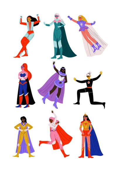 Jovens mulheres bonitas em trajes de super-herói brilhante com Capes Set, personagens de meninas super em diferentes Poses Vector Ilustração —  Vetores de Stock