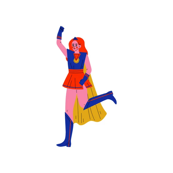 Ragazza in luminoso costume da supereroe, illustrazione vettoriale personaggio eroe femminile — Vettoriale Stock