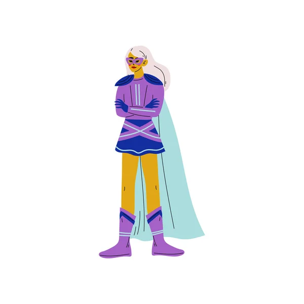 Mujer joven rubia con traje brillante de superhéroe, personaje de Super Girl de pie con las manos dobladas Vector Ilustración — Vector de stock