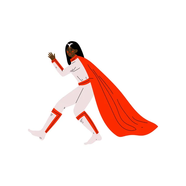 Joven mujer afroamericana disfrazada de superhéroe y Cabo Rojo, Super Girl Character Vector Illustration — Archivo Imágenes Vectoriales