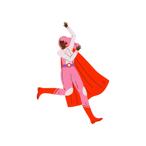Mujer joven en traje de superhéroe rosa y cabo rojo, Super Girl Carácter Vector Ilustración — Vector de stock