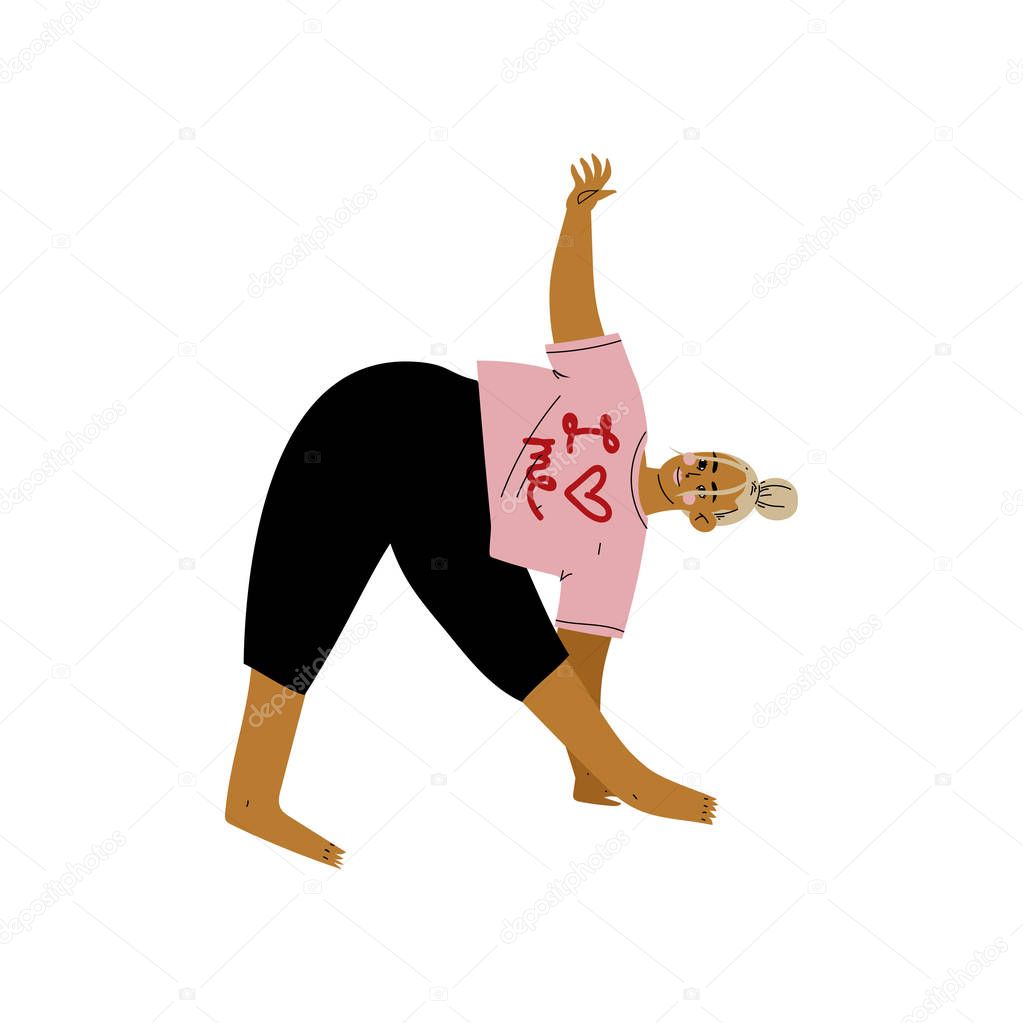 Plump Woman in Triangle Forward Pose, Curvy Girl Practicing Yoga, Healthy Lifestyle Vector Illustration
