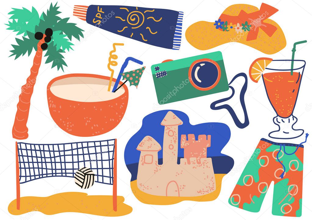 Summer Holiday Symbols Set, Cocktail, Shorts, Camera, Sunscreen, Sand Castle, Straw Hat, Beach Volleyball Vector Illustration