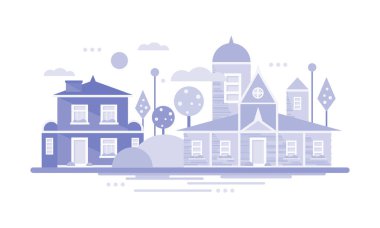 Şehri, evler, yatay başlık sayfası veya poster küçük bir kasaba veya köy bina Emlak vektör çizim
