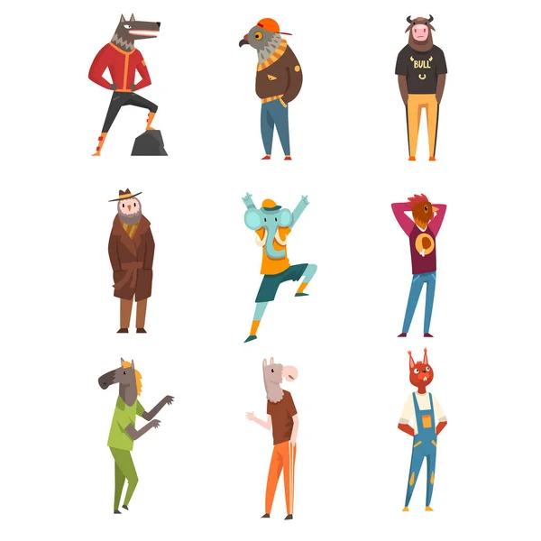 People with animal heads set, wolf, eagle, owl, fox, cock, elephant, horse, bull characters wearing trendy clothes vector Illustration on a white background — Stock Vector