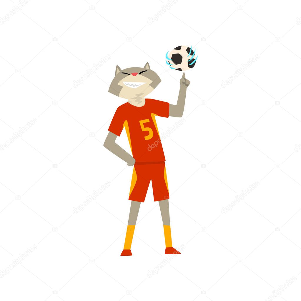Man with cat head playing with ball, animal character wearing sports uniform vector Illustration on a white background