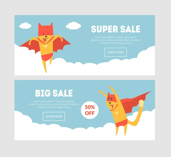 Super Sale Banners Set with Superhero Dog, Modelo de venda final pode ser usado para loja, Loja online, Site, Landing Page Vector Illustration — Vetor de Stock