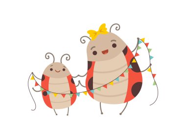 Mutlu Ladybug Aile, Anne Ladybug ve Parti Bayrakları ile Çocuğu, Adorable Karikatür Uçan Böcekler Karakterler Vektör İllüstrasyon
