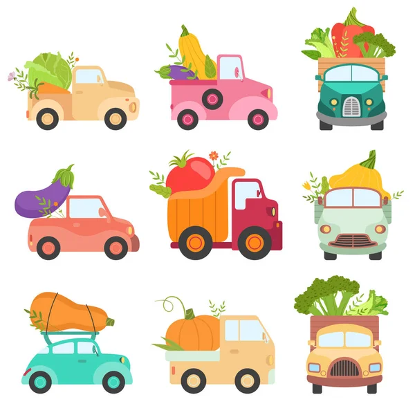 Χαριτωμένα πολύχρωμα φορτηγά που παραδίδουν γιγαντιαία φρέσκα λαχανικά, ναυτιλία ώριμο αγρόκτημα και Κήπος γεωργικά προϊόντα απεικόνιση διάνυσμα — Διανυσματικό Αρχείο