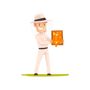 Elinde petek çerçevesi ile gülümseyen arıcı adam, apiculture ve arıcılık kavramı vektör İllüstrasyon