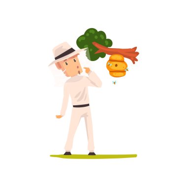 Bir ağaç dalı, apiculture ve arıcılık kavramı vektör İllüstrasyon asılı kovan bakarak Arıcı adam