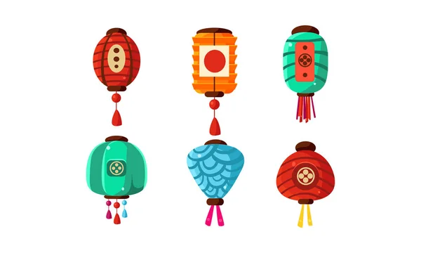 Kolorowy chiński Festiwal latarnie zestaw, dekoracyjne elementy konstrukcyjne wektor ilustracja — Wektor stockowy