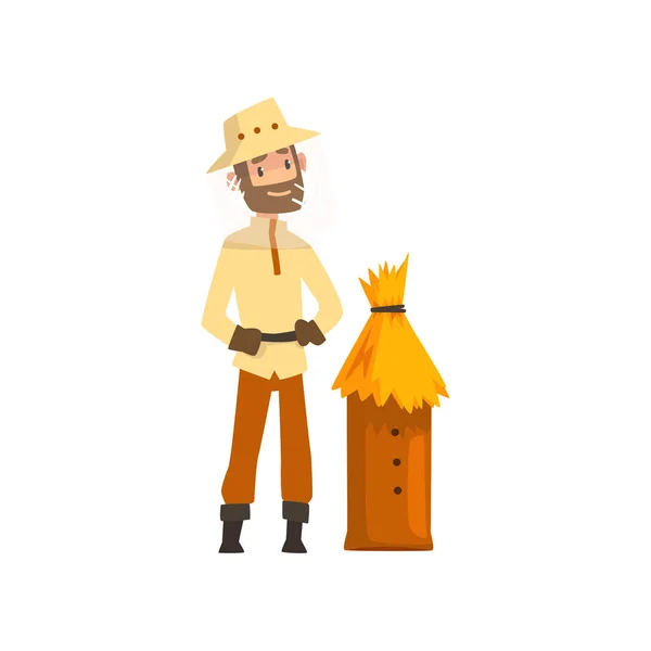 Apiculteur homme et ruche en bois, apiculture et apiculture concept vecteur Illustration — Image vectorielle