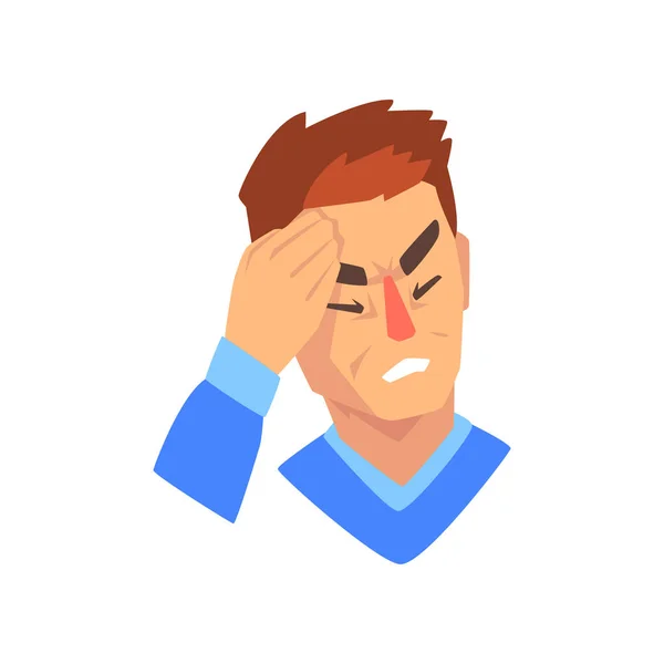 Hombre con dolor de cabeza, migraña, problemas de salud, enfermo infeliz personaje vector Ilustración — Vector de stock