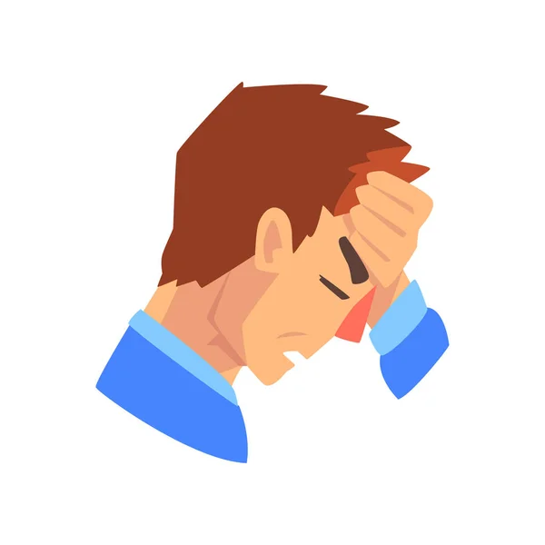 Mann mit Kopfschmerzen, Migräne, Gesundheitsproblemen, kranker unglücklicher Männercharakter, seitliche Vektorillustration — Stockvektor