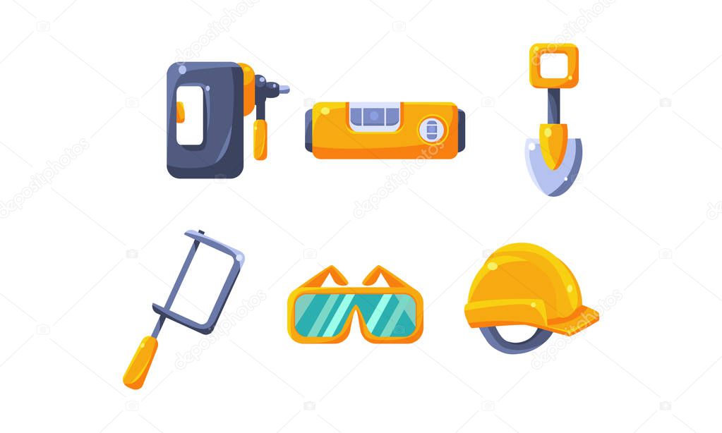 Cute construction hand tools, level, shovel, hacksaw, protective glasses, hard hat vector Illustration
