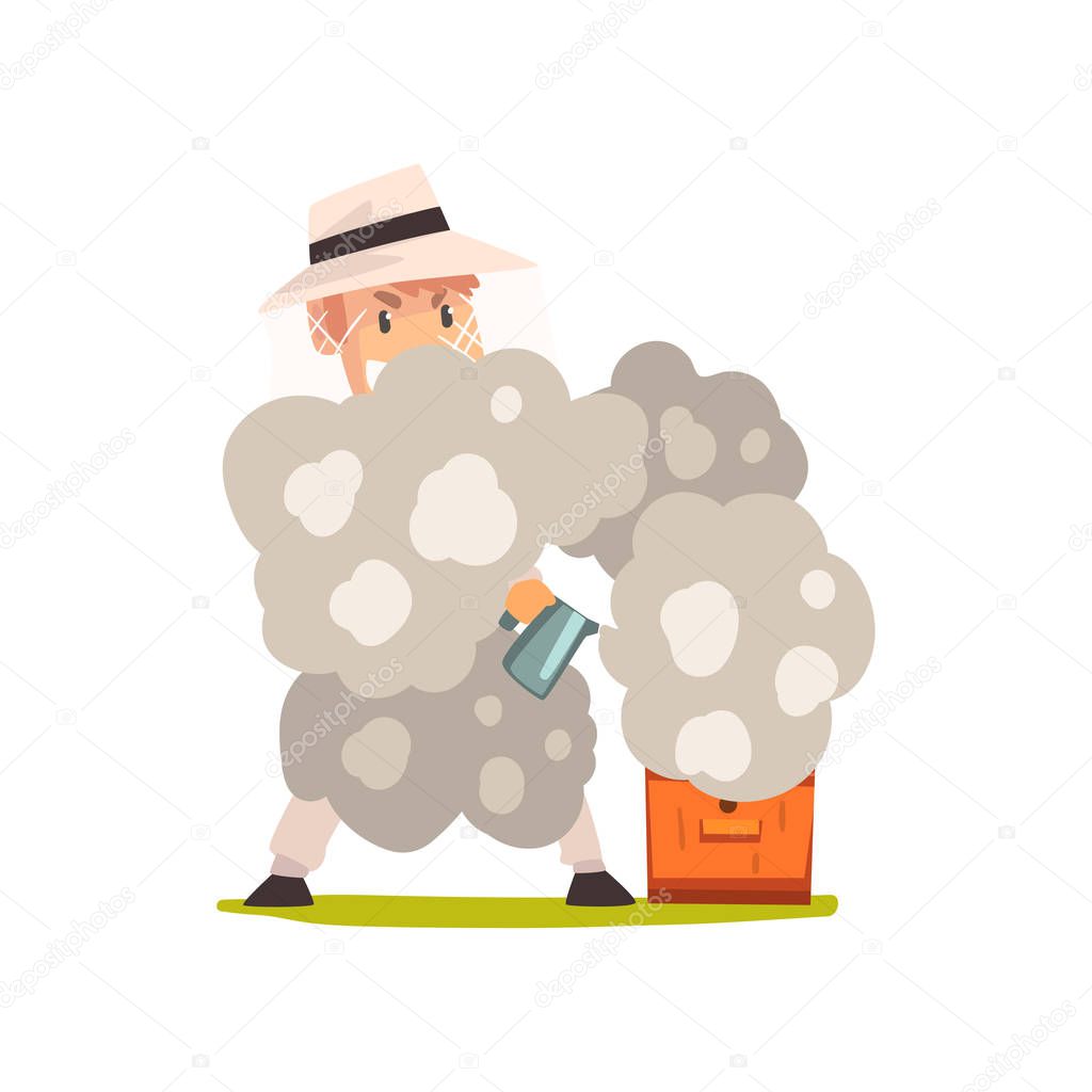 Beekeeper man with smoker smoking hive, apiculture and beekeeping concept vector Illustration