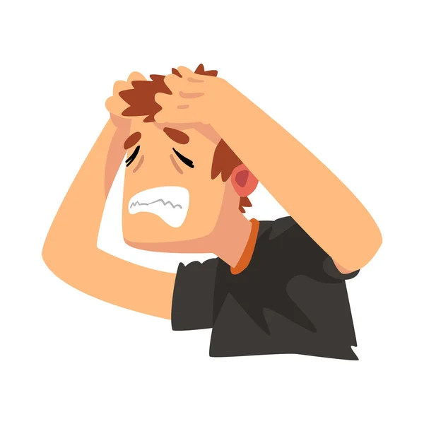 Mann mit Kopfschmerzen, Krankheit des Kopfes, Migräne, kranker unglücklicher Mann Charaktervektorillustration — Stockvektor