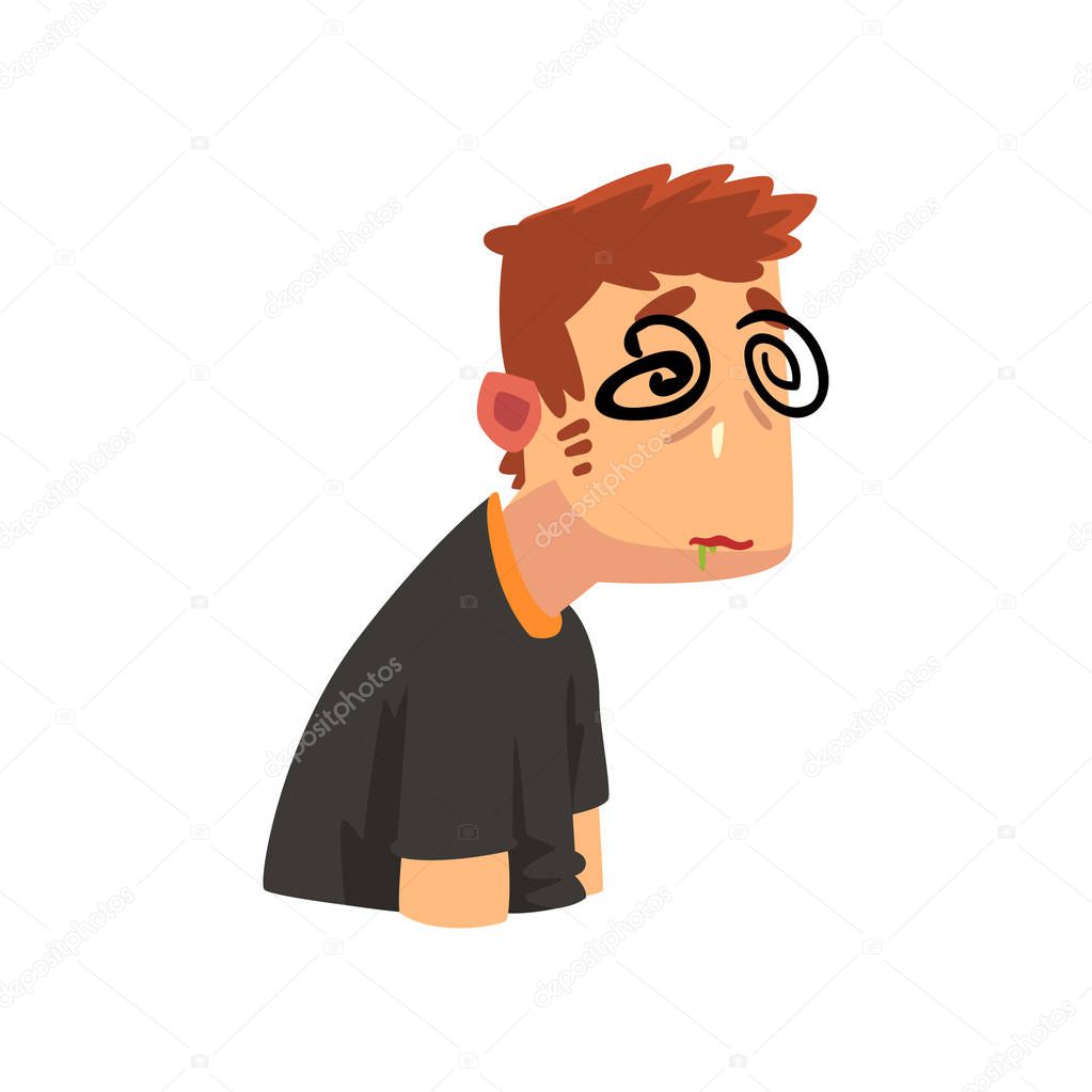 Man with dizziness, disease of the head, migraine, sick unhappy man character vector Illustration