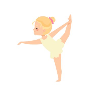 Sevimli Küçük Balerin Egzersiz Yapıyor, Sarışın Kız Bale Dansçısı Karakter Eğitim Vektör İllüstrasyon