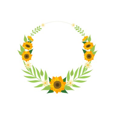 Ayçiçeği ile Çiçek Çelenk, Çiçek ve Yaprakları Vektör İllüstrasyon ile Daire Çerçeve