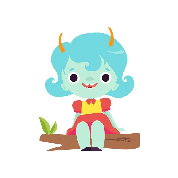Cute Horned Troll Girl, Happy Adorable Fantasy Creature Character with Light Blue Hair Vector Illustration