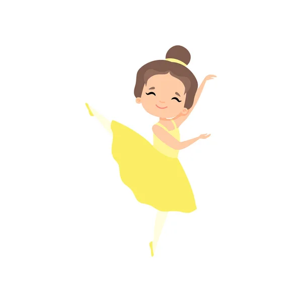 Cute Little Ballerina Dancing, Brunette Girl Ballet Dancer Character in Yellow Tutu Dress Vector Illustration — Stock Vector