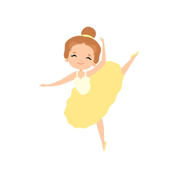 Bailarina linda bailando, personaje de bailarina de ballet chica encantadora en vestido de tutú amarillo Vector Ilustración — Vector de stock