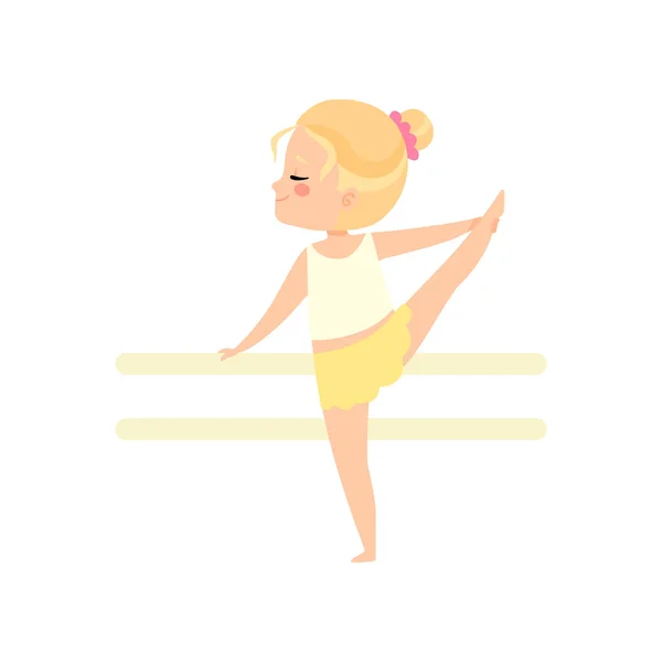 Cute Little Ballerina Dancing Doing Exercise at Barre, Girl Gymnast Character Vector Illustration — Stock Vector