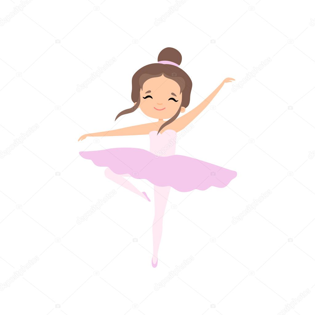 Cute Brunette Little Ballerina Dancing, Girl Ballet Dancer Character in Pink Tutu Dress Vector Illustration