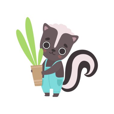 Sevimli Küçük Kokarca Houseplant, Adorable Baby Animal Karikatür Karakter Vektör İllüstrasyon ile Genel Holding Saksı Giyen