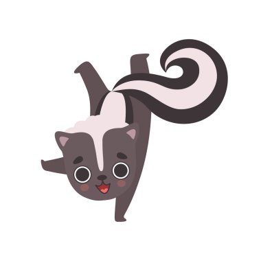 Sevimli Küçük Kokarca Ayakta Tek Bacak Baş Aşağı, Sevimli Bebek Hayvan Karikatür Karakter Vektör İllüstrasyon