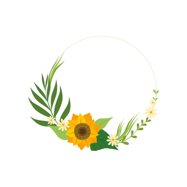 Blumenkreisrahmen mit Sonnenblume, grünen Blättern und Platz für Text, Gestaltungselement für Grußkarte, Einladung, Bannervektorillustration — Stockvektor
