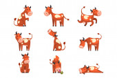 Barna foltos tehén készlet, farm állatok karakter a különböző pózok vektor illusztrációk egy fehér háttér