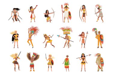 Aztek savaşçılar seti, geleneksel giysi ve başlık içinde erkek ve kadın beyaz bir arka plan üzerinde silah vektör Çizimler ile
