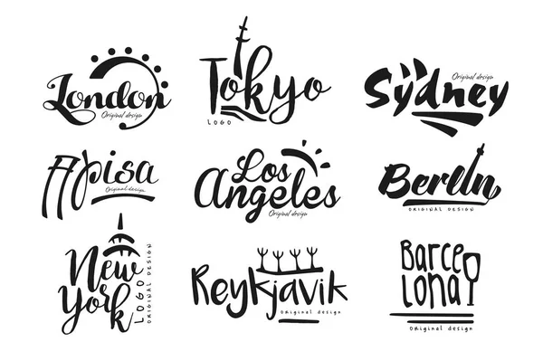 Names of cities, London, Tokyo, Sydney, Pisa, Los Angeles, Berlin, New York, Reykjavik, Barcelona, city lettering design hand drawn vector Illustration — Stock Vector