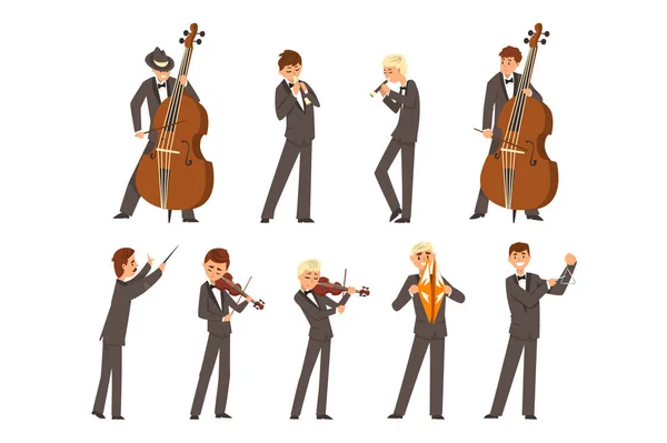 Musicians of symphonic orchestra and conductor, people playing various musical instruments vector Illustration on a white background — Stock Vector