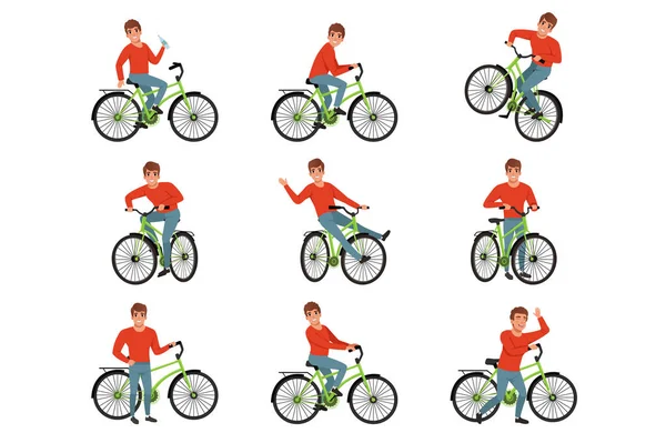 Männlicher Radfahrer auf Fahrrad-Set, Aktiv-Lifestyle-Konzeptvektorillustrationen auf weißem Hintergrund — Stockvektor