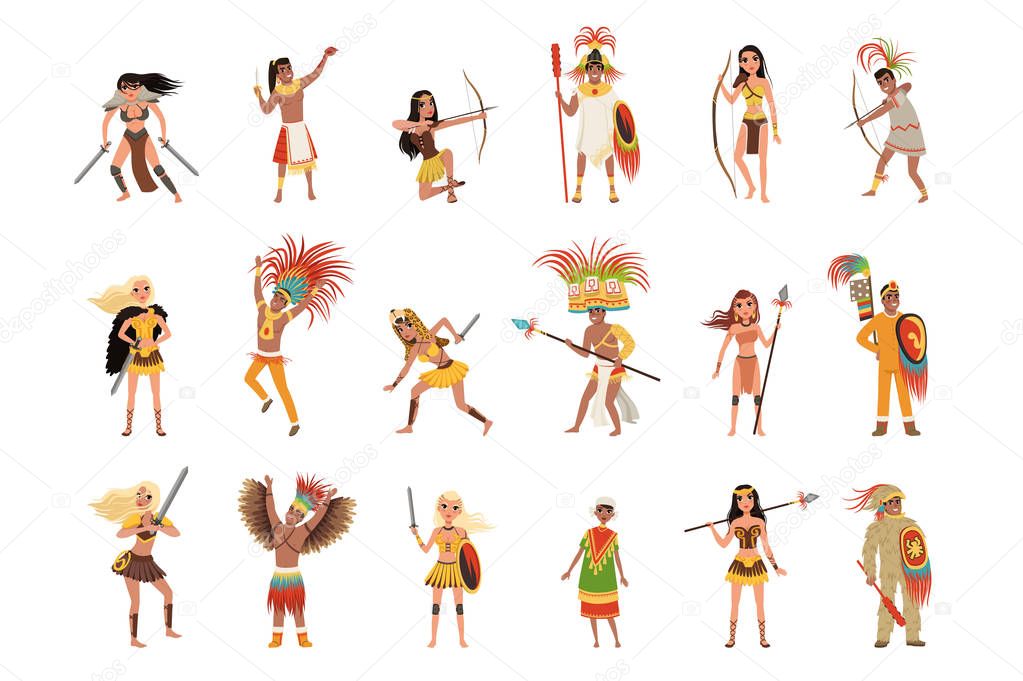 Aztec warriors set, men and women in traditional clothes and headgear with weapon vector Illustrations on a white background