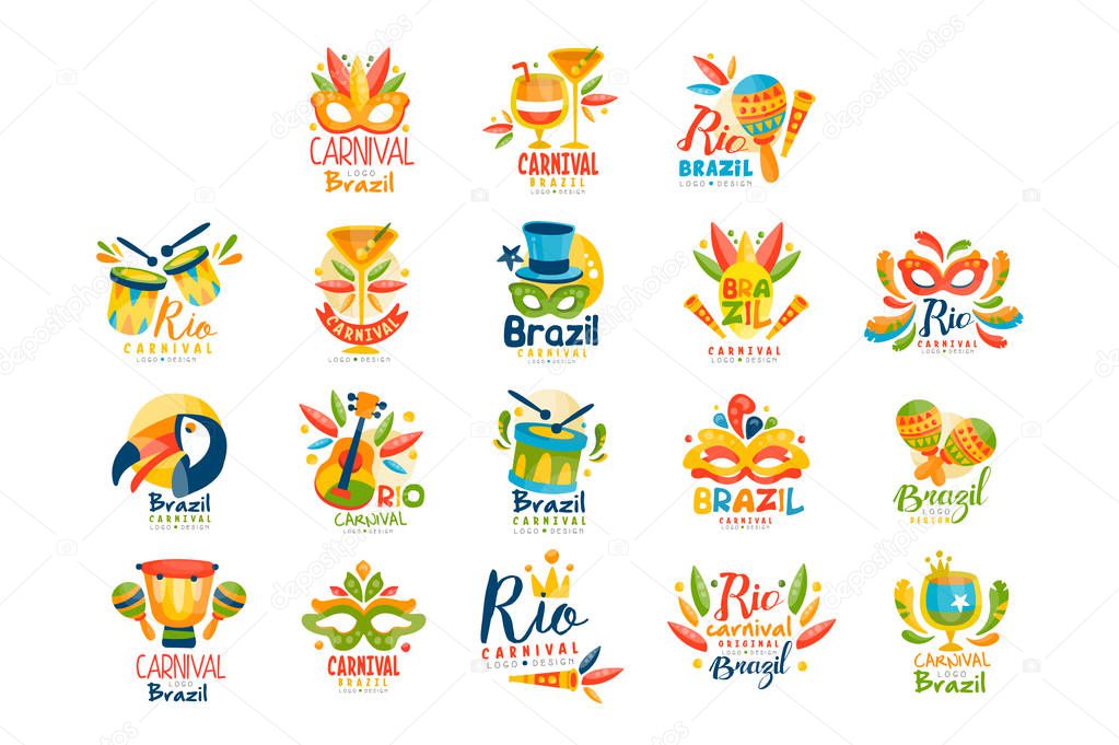 Brazilian Carnival logo design set, bright festive party banners vector Illustration isolated on a white background.