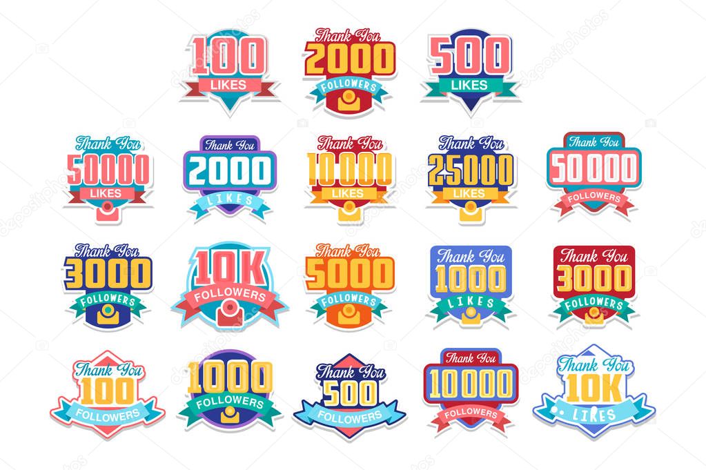 Thank you all for likes, celebration for social media friends, fans or subscribers, design element for social network vector Illustrations isolated on a white background.