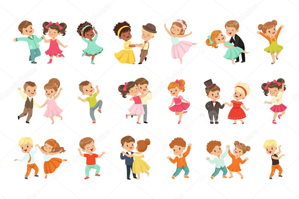 Couple of little kids dancing set, modern and classical dance performed by children vector Illustrations on a white background