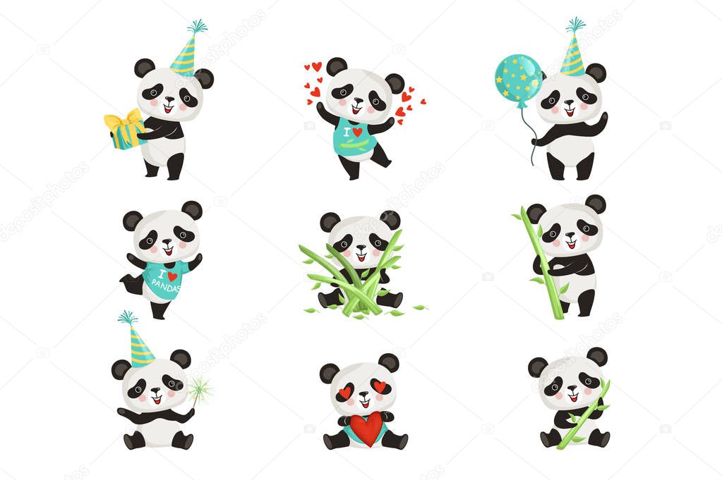 Flat vector set of funny little panda in various situations. Cartoon character of cute bamboo bear. Graphic design for children print, sticker or birthday postcard