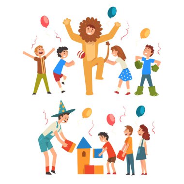 Happy Boys ve Girls Doğum Günü Animatör ile Eğlenmek, Komik Festival Kostümleri Entertainers Performans ve Çocuk Vektör İllüstrasyon ile Oynamak
