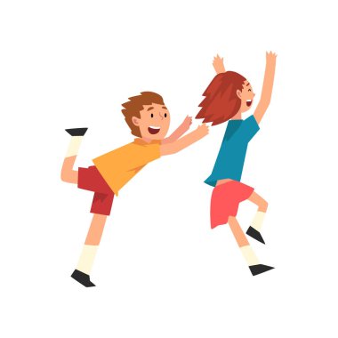 Gülen Erkek Ve Kız Birlikte Oynamak, Mutlu Çocuklar Doğum Günü Partisinde Eğleniyor, Vektör İllüstrasyon