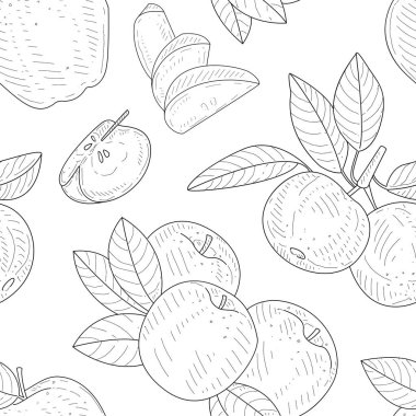 Apple Dikişsiz Desen, Monokrom El Çizilmiş Dallar ve Elma vektör çizimi