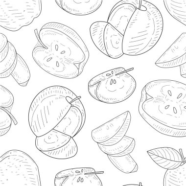 Elma Dikişsiz Desen, Monokrom El Çizilmiş Bütün ve Dilimlenmiş Elma vektör İllüstrasyon