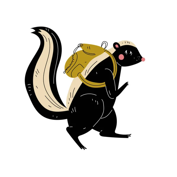 Skunk Walking with Backpack, Animal Character Having Hiking Adventure Travel or Camping Trip Vector Illustration — Stock Vector