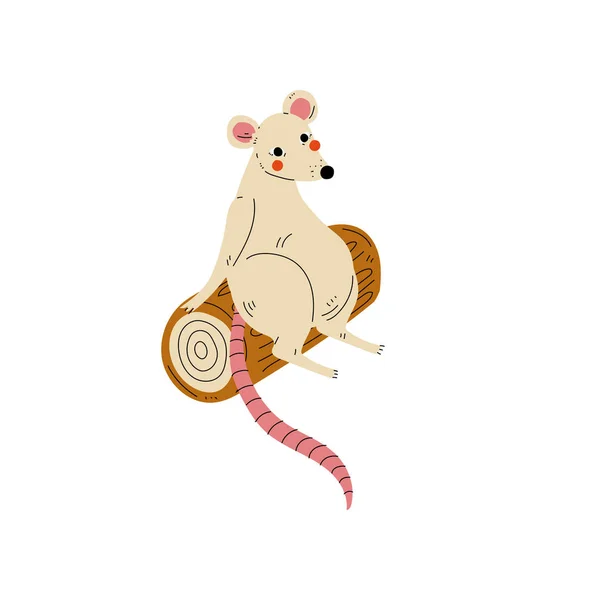 Śliczne białe myszy siedzi na log, gryzoni charakter zwierząt po wędrówka Adventure Travel lub Camping Trip wektor ilustracja — Wektor stockowy